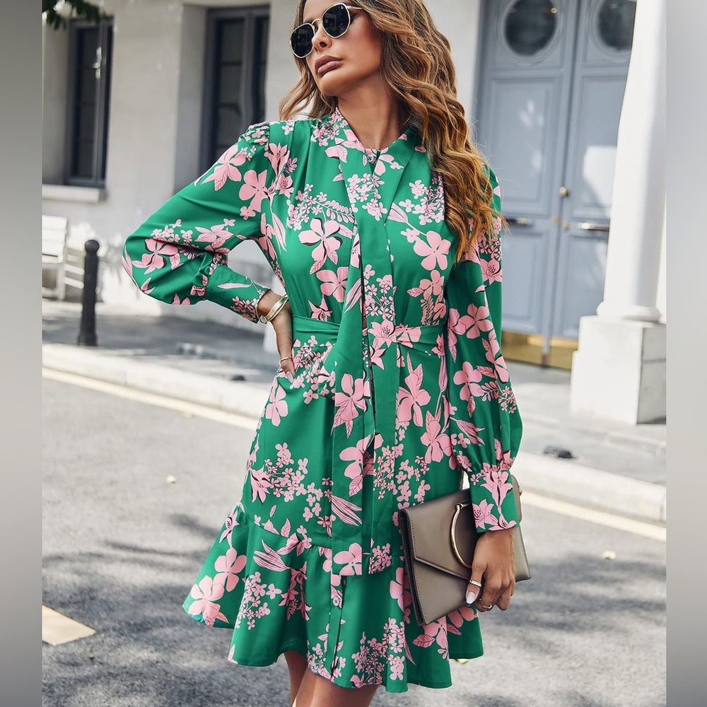 Pink & Green Floral Print Ruffle Hem Dresss